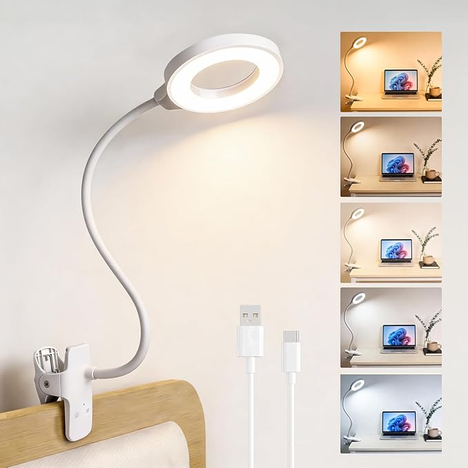 Clip on Reading Light for Bed Headboard, Rechargeable Battery with Large Clamp, 5 Colors & 5 Brightness Flexible Neck Desk Lamp, Eye Protection LED Touch Control Book Light for Kids, Bunk Bed, (White)