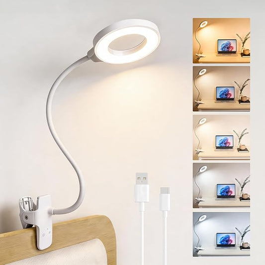 Clip on Reading Light for Bed Headboard, Rechargeable Battery with Large Clamp, 5 Colors & 5 Brightness Flexible Neck Desk Lamp, Eye Protection LED Touch Control Book Light for Kids, Bunk Bed, (White)