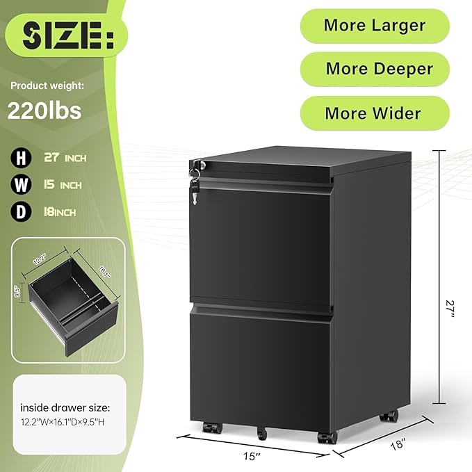 Incbruce 2 Drawer Locking Mobile File Cabinet on Wheels, Heavy Duty Metal Storage for Legal/Letter/A4 Files, Easy Assembly (Black)