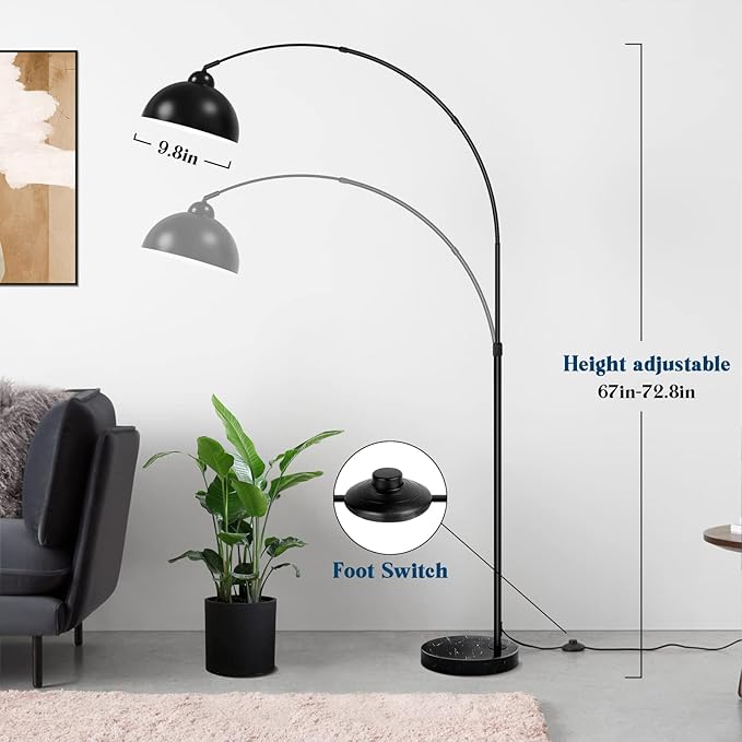 Modern Arc Floor Lamp with Metal Hanging Dome Shade, Industrial Adjustable Over the Couch Stand Up Light, Marble Base Farmhouse Tall Task/Reading Standing Lamp for Living Room Bedroom Office, Black