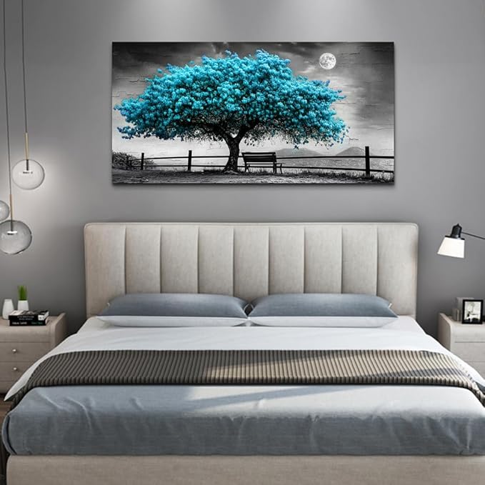 KELIYUAN Wall Art Black White Grey Background Home Decor Blue Tree Of Life Canvas Wall Painting Living Room Decor Office Bedroom Bathroom Corridor Decor Artwork, Can Be Hung Directly 24x48 Inches