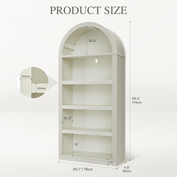YITAHOME Vintage 68.5" Tall Arched Bookshelf, Tall Bookcase 5 Tiers Arched Bookcase with Storage, White Bookshelf Display Storage Rack with Adjustable Shelves for Living Room, Office, Antique White
