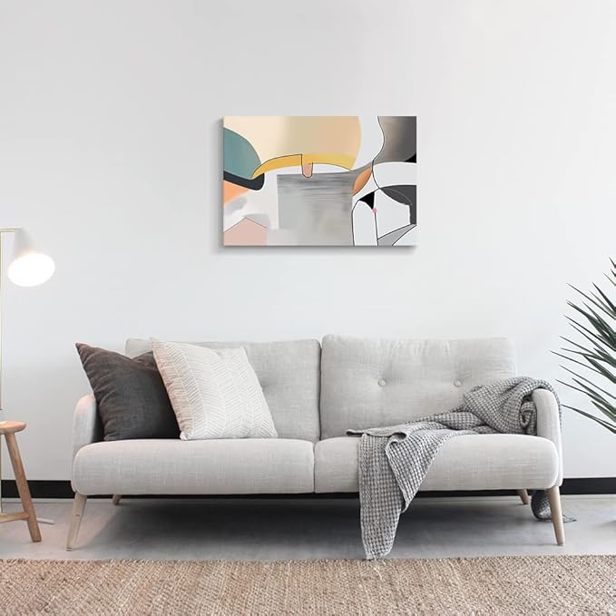 Wall Art Canvas Abstract Color Block Line Art Prints Apricot Cyan Black Grey Color Blocks and Lines Painting Modern Artwork Decor for Living Room Bedroom Kitchen 30x20in