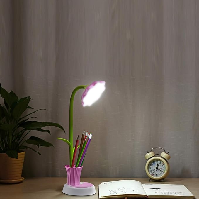 Desk Lamp for Kids Sunflower LED Charging Table Lamp Support Eye Protection Small Desk Folding for Reading,Study and Office, Adjustable Brightness - Pink