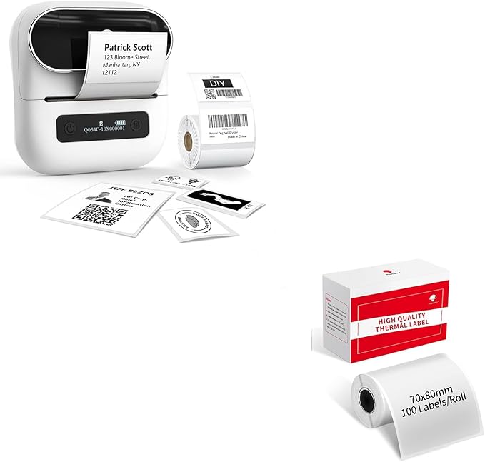 Phomemo M220 Label Maker White & 1 Roll Transparent Thermal Label 2.76" x 3.15"(70x80mm), Upgrade 3 Inch Barcode Portable Printer, for Office & Small Business, Compatible with Phones&PC