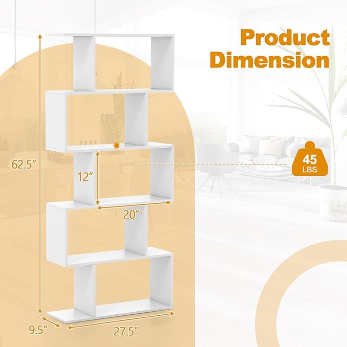 Tangkula 5-Tier Geometric Bookshelf, S Shaped Bookcase w/Anti-Toppling Device, Freestanding Room Divider, Industrial Home Office Decor Wood Open Storage Display Shelf for Living Room (2, White)