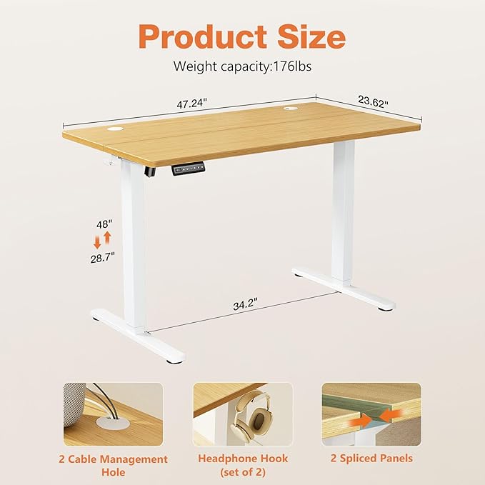 Sweetcrispy Electric Standing Desk Adjustable Height, 48x24 Inch Sit Stand Up Home Office Desks Computer Workstation PC Work Table with 3 Memory Preset Splice Wood Board Metal Frame, Oak