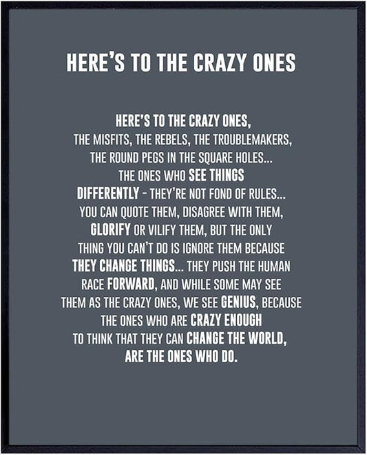 Heres to the Crazy Ones Entrepreneurial Motivational Quote -8x10 Art Print, Home Decor - Inspirational Wall Art Poster - Unique Room Decorations for Office, Den - Gift for Entrepreneur, Boss