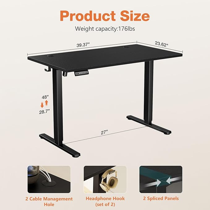 Sweetcrispy Electric Standing Desk Adjustable Height, 40x24 Inch Sit Stand Up Home Office Desks Computer Workstation PC Work Table with 3 Memory Preset Splice Wood Board Metal Frame, Black