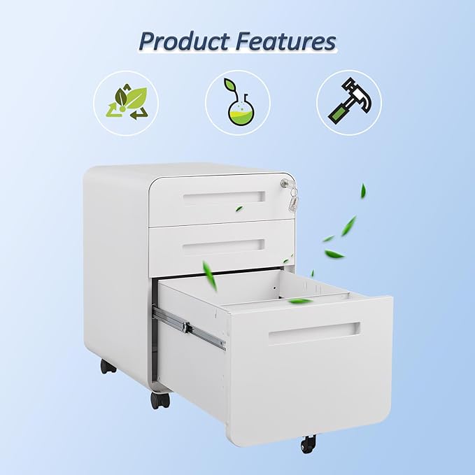3 Drawer Mobile File Cabinet with Lock, Under Desk Storage Filing Cabinet for Home Office, Small Rolling File Cabinet for Legal, Letter and A4 Files (White)