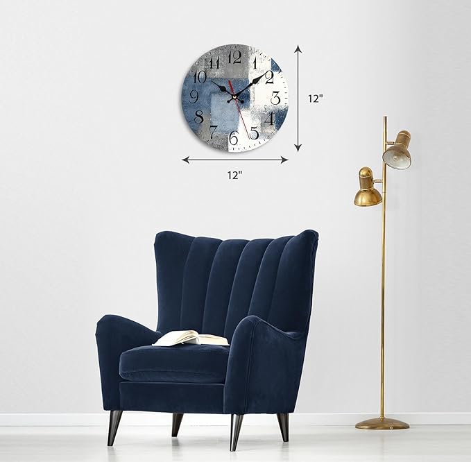 ArtSocket Wooden Wall Clock Silent Non-Ticking, Blue White Grey Abstract Painting Gray Vintage Modern Lines Round Wall Clocks Decor for Home Kitchen Living Room Office(12 Inch)