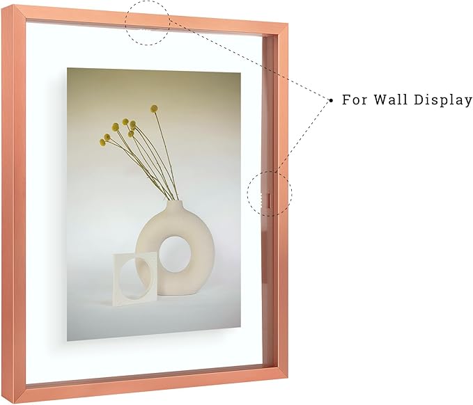 Frametory, Floating Picture Frames Set - Rose Gold Metal Photo Frames - Real Glass - Display One 11x14, Two 8x10, and Four 5x7 Inch Photos for Home Decoration