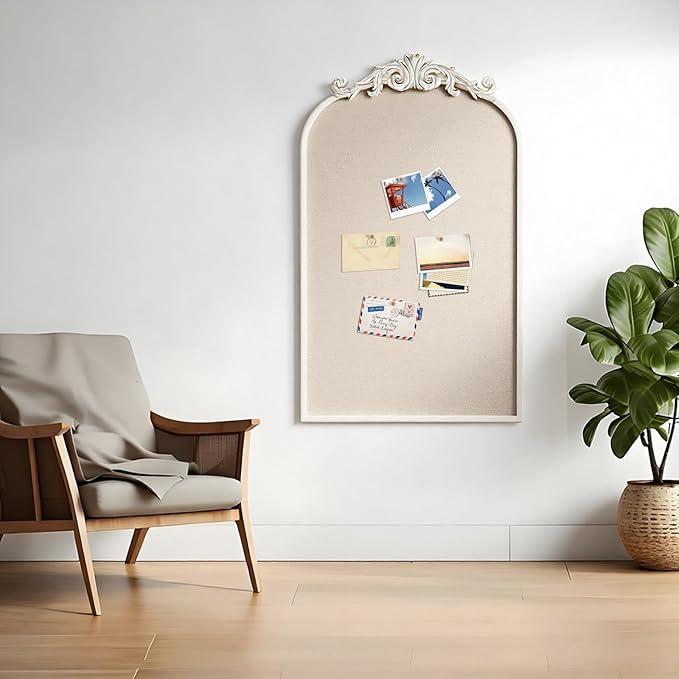 Vintage Framed Pin Board Linen Display Bulletin Board Large Cork Fabric Picture Photo Pinboard Memo Ornate Decorative Pinboard Ornate for Wall Gift(Arch,19" X 31",Vintage White)