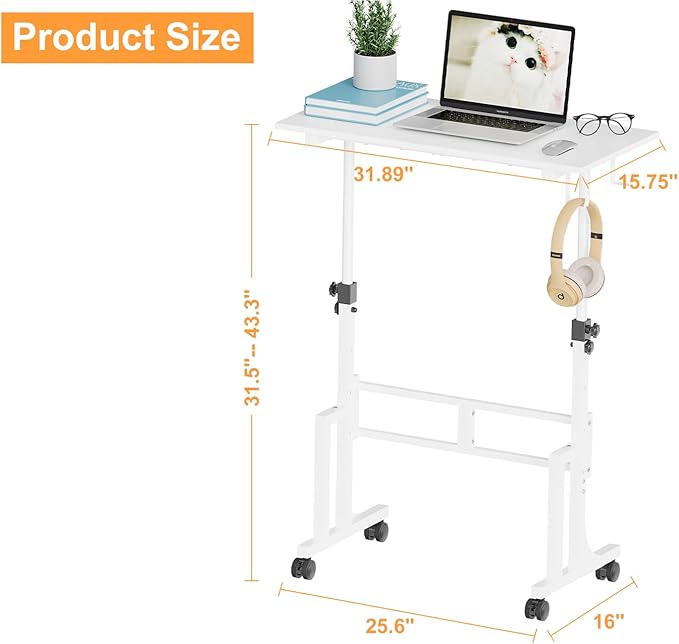 Small Adjustable Height Standing Desk With 2 Hooks, Rolling Sit Stand Up Desk With Wheels, Adjustable Mobile Portable Table For Walking Pad Laptop Treadmill Computer, 4 Height Levels, 2 Hooks