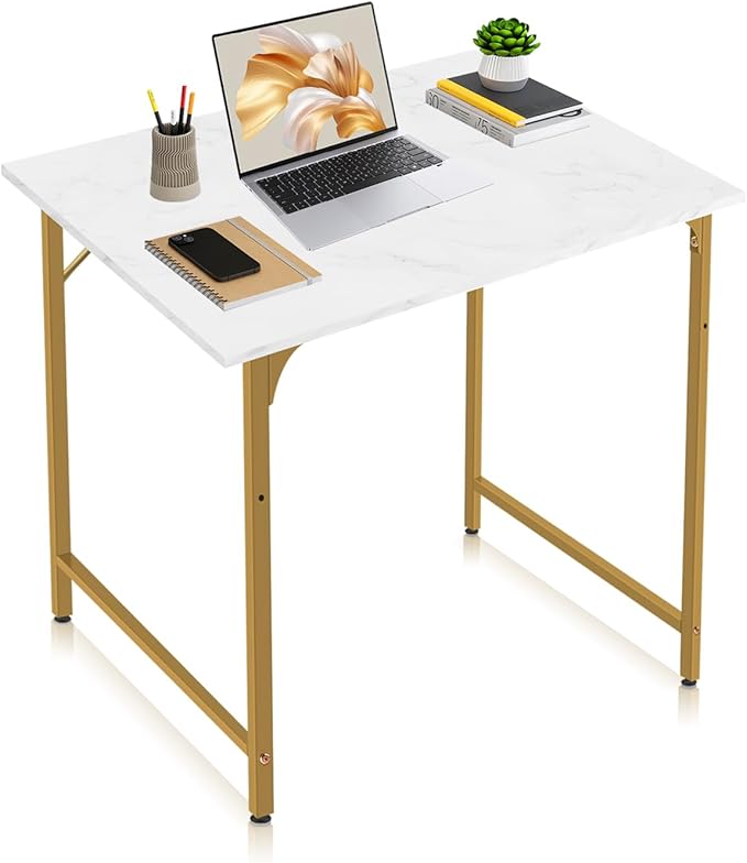 Computer Desk, 32 Inch Office Desk with Metal Frame, Home Office Desk, Modern Simple Style for Small Space Home Office, Living Room, Bedroom, White Gold