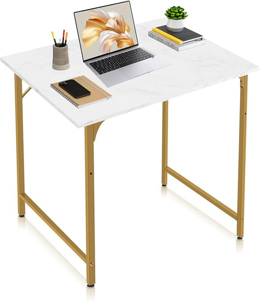 Computer Desk, 32 Inch Office Desk with Metal Frame, Home Office Desk, Modern Simple Style for Small Space Home Office, Living Room, Bedroom, White Gold