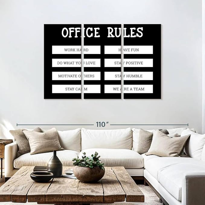 Elephant Stock - Office Rules Wall Art - Horizontal Multi Panel Canvas - 3 Piece Home Office Wall Decor - Digital Art Motivational Typography Multi Piece Wall Art - Black And White Decor by Cad Designs - 74" x 48"
