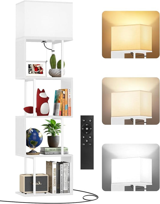 5-Tier Floor Lamp with Shelves & Remote, Dimmable S-Shaped Bookshelf with 3 Color Temperature, 1-Hour Timer, Tall Corner Standing Lamp for Living Room, Bedroom, Office