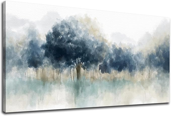 yearainn Foggy Forest Canvas Wall Art - Indigo Blue Abstract Trees Pictures for Wall Decor Nature Canvas Painting Modern Printing Artwork for Living Room Bedroom Home Office Wall Decoration 24" x 48"