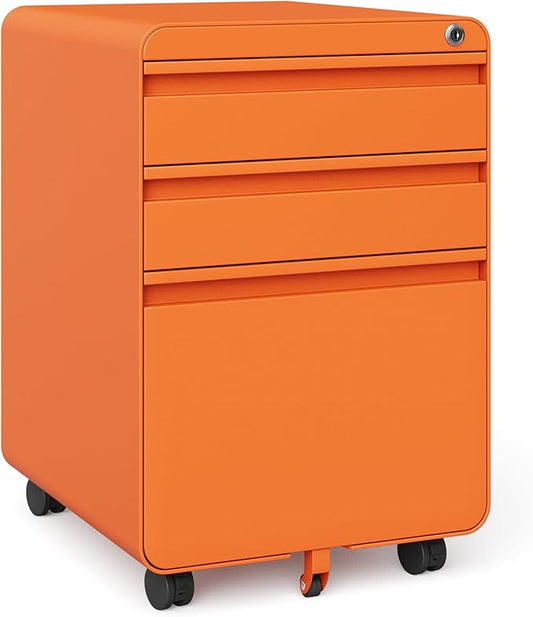 Dripex 3 Drawer File Cabinet Under Desk, Letter/Legal/A4, Fully Assembled for Home Office, Small Short Mobile Filing Cabinets with Lock on Wheels, Steel Metal Rolling Vertical File Cabinet, Orange