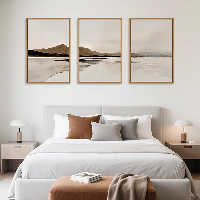 Ausril Beige and Brown Foggy Framed Canvas Wall Art Set, Modern Misty Landscape Wall Decor, Abstract Mountain Lake Wall Painting, Minimalist Nature Art Prints for Living Room, Bedroom - 24"X36"X3