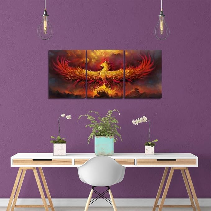Fire Phoenix Wall Art Prints Volcanic Burning Phoenix Birds Canvas Picture Posters Prints Artwork 3 Piece Home Office Living Room Bedroom Decor Framed Ready to Hang - 36" W x 16" H