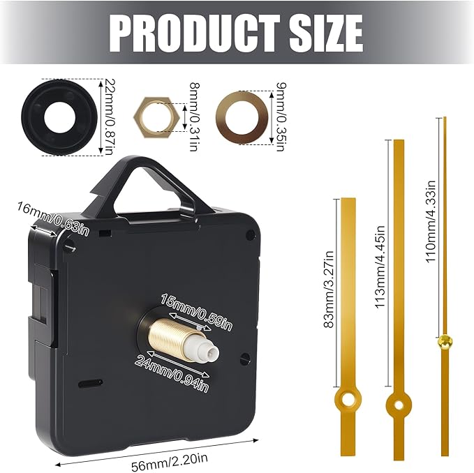 Silent Quartz Clock Mechanism Kit, High Torque Long Shaft Replacement Clock Movement for DIY Wall Clocks, Includes Clocks Hands and Quartz Movement Parts for Home and Office, Gold