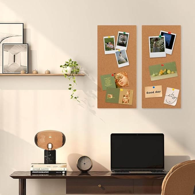 2 Pack Rectangle Cork Boards for Walls,1/2" Thick Cork Tiles with 20 Push Pins,Self-Adhesive Frameless Bulletin Board for School,Home & Office(Size:17x8x0.5 inch)