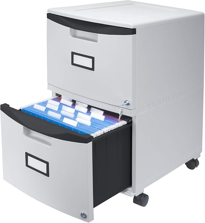 Storex Plastic Two-Drawer File Cabinet – Locking Document Organizer with Casters for Home and Office, Gray, 1-Pack (61311C01C)