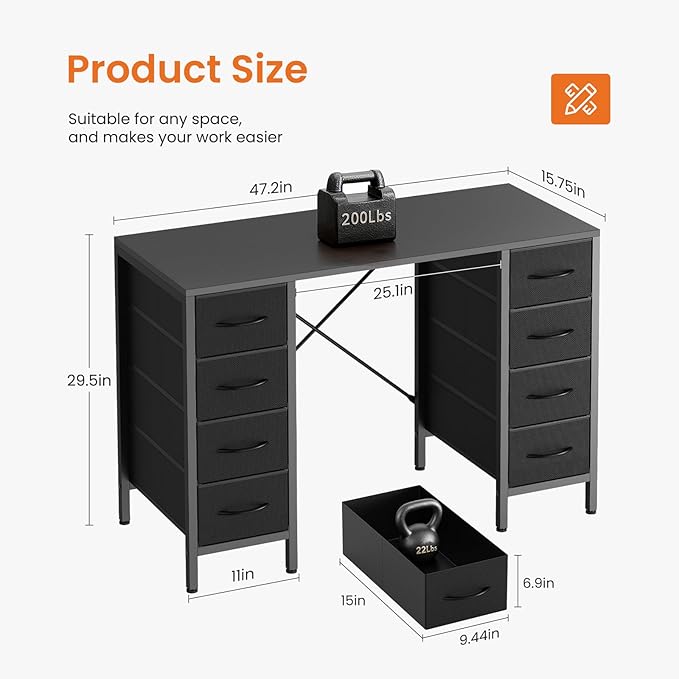 Sweetcrispy Computer Gaming Desk with 8 Storage Fabric Drawers, 47 Inch Home Office Bedroom Desk with Sturdy X-Frame, Modern Writing Study Work Table with Adjustable Feet, Black