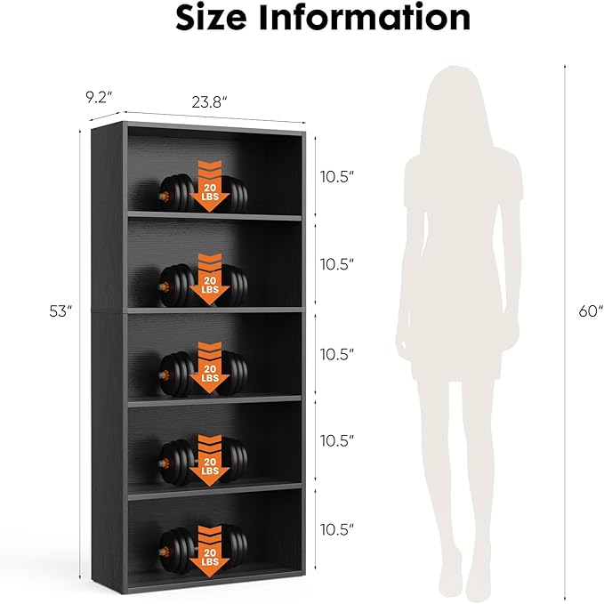 Book Shelf, 5-Tier Bookcase with Adjustable Shelves, Open Storage Shelves for Organization, 23.82 x 9.25 x 53, for Bedroom, Living Room, Home, Office, Black
