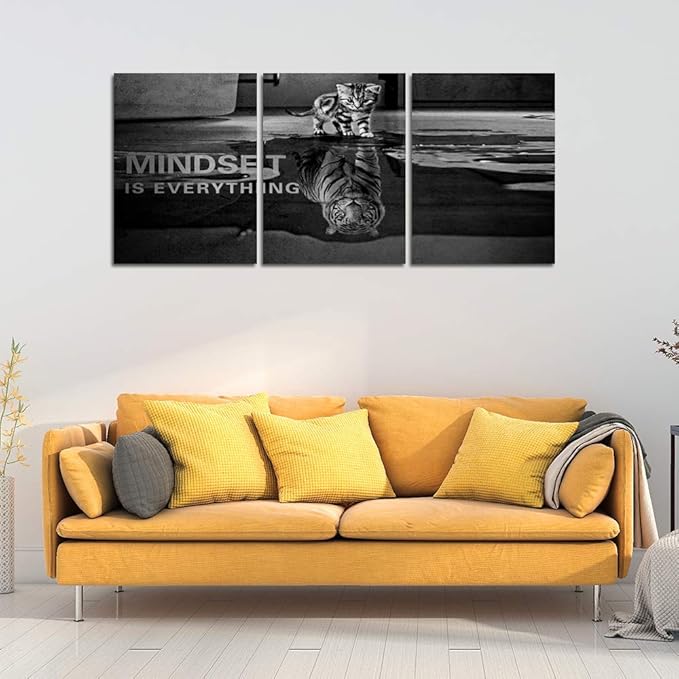 Motivational Canvas Print Wall Art Cat Poster Positive Decor 3 Pieces Inspirational Entrepreneur Quotes Painting Picture Framed Artwork Office Home Decoration - 72" W x 36" H