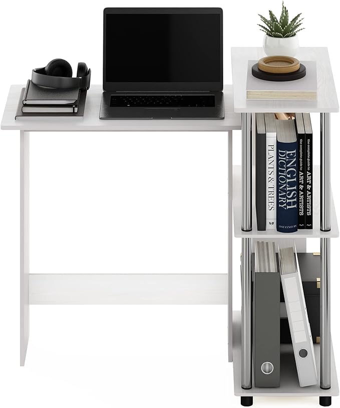 Furinno Abbott Corner Computer Desk with Bookshelf, White Oak/Chrome