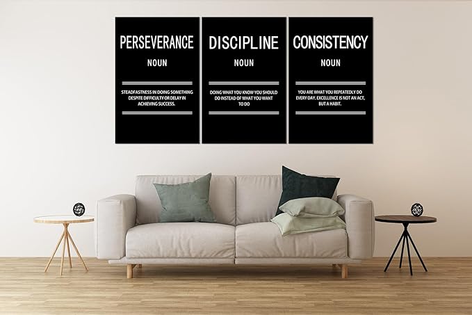 3 Panel Inspirational Canvas Perseverance Discipline Consistency Print Wall Art Motivational Poster Painting Modern Inspiring Artwork for Home Living Room Office Decor Ready to Hang [72''Wx 36''H]