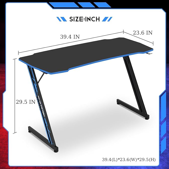 39 in Gaming Desk With Hook - Z-Shaped Computer Table for Home Office, Small Places - Carbon Fiber Surface, Simple Installation, Blue