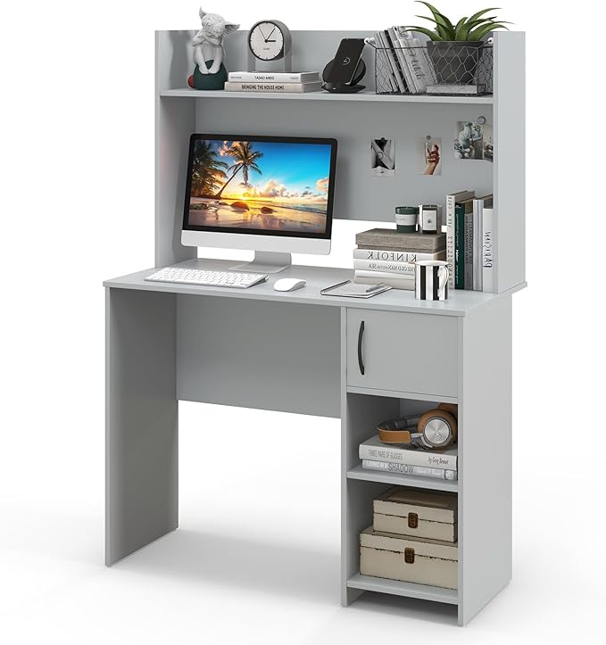 Tangkula Computer Desk with Hutch, Home Office Desk with Raised Display Shelf & 2 Open Shelves, Cabinet with Door, Cable Management Holes, Modern Laptop PC Desk, Study Writing Desk for Bedroom (Gray)