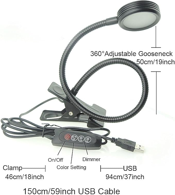QUANS Dimmable Clip on Clamp LED Gooseneck Desk Light Lamp, Clip-on 3 Color Changeable Reading Lights, C-Clamp Nightlight, USB Port, 3 Color Temperature, Black