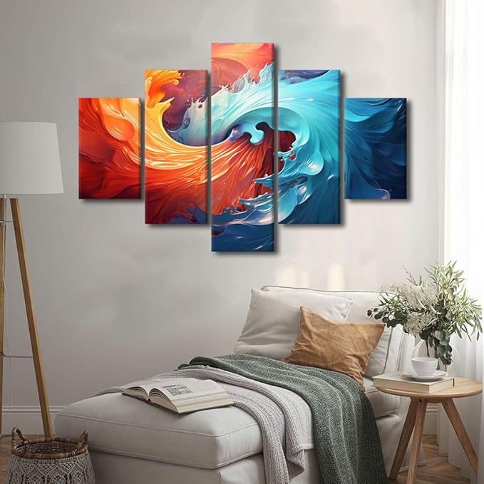 Canvas Wall Art Modern Colorful Swirling Vortex Poster Prints on Canvas 5 Panel Water and Fire Printing Art for Men Lady Living Room Office Wall Decor Stretched and Framed Ready to Hang 60x40 in
