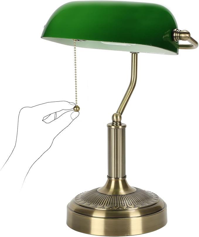 NISSAFORS Bankers Desk Lamp, Green Glass Shade, Vintage Desk Lamp with Pull Chain Switch, Retro Table Lamps for Home Office (Brass+Green, Middle)