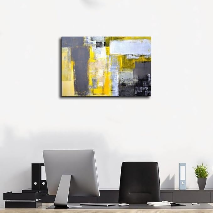 KARKOS Office Art Grey And Yellow Abstract Art Painting Canvas Wall Art Picture Print Home Deco 36x24inch(90x60cm) Frame-style