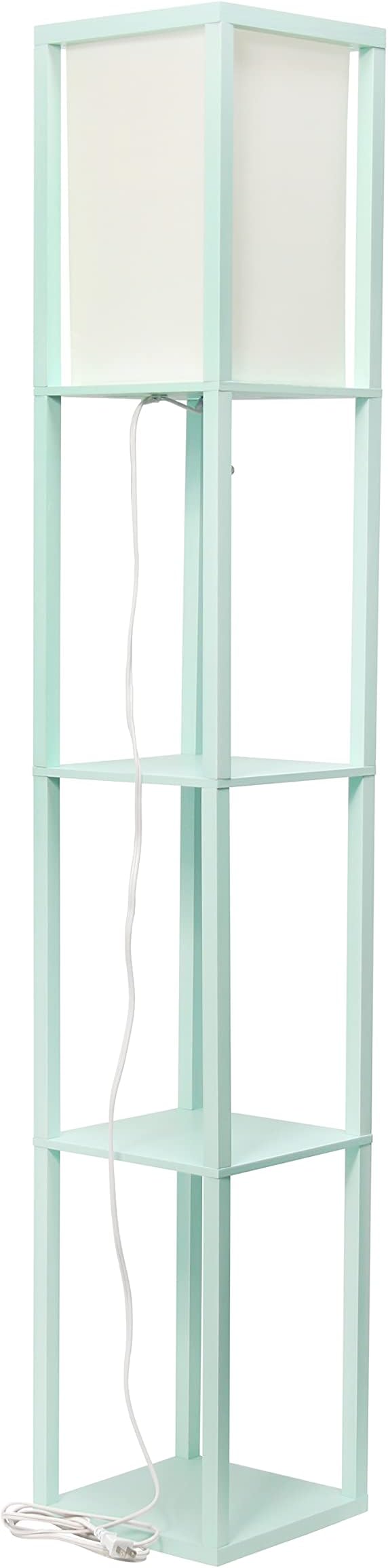 Simple Designs LF1014-AQU-LB Three Shelf Etagere Organizer Storage Floor Lamp with White Linen Shade for Living Room, Bedroom, Office, Hallway, Aqua, with Feit LED Bulb Included