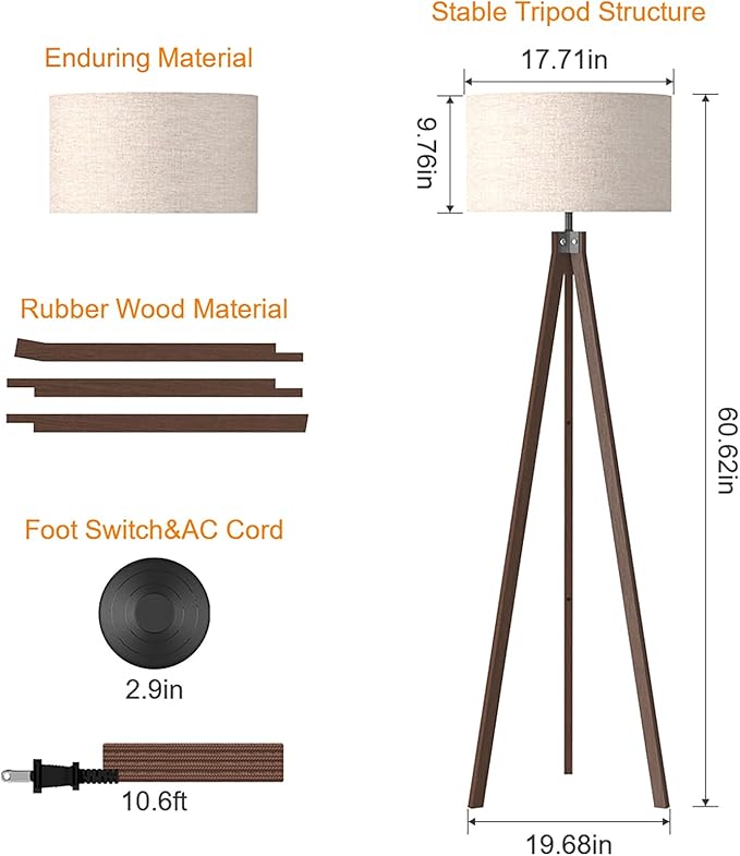 LEPOWER Wood Tripod Floor Lamp, Mid Century Standing Lamp, Modern Design Studying Light for Living Room, Bedroom, Study Room and Office, Flaxen Lamp Shade with E26 Base Dark Brown