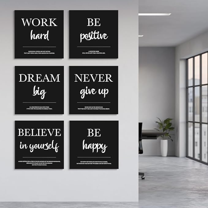 GUBIYU Motivational Framed Canvas Wall Art Positive Quote, Black Small Poster, Positive Motivational Set of 6 Prints,Stay Positive Prints, Inspirational Wall Art Prints, Office Wall Decor Art 12"x12"