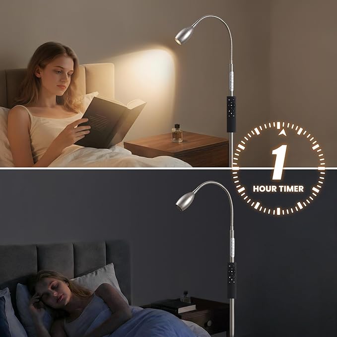 Reading Floor Lamp, Dimmable LED Floor Lamp with Remote, Standing Lamp with Flexible Gooseneck, Zoomable Spotlight, Reading Light, Task Crafting Tall Lamps for Living Room Office Bedroom(Nickel)