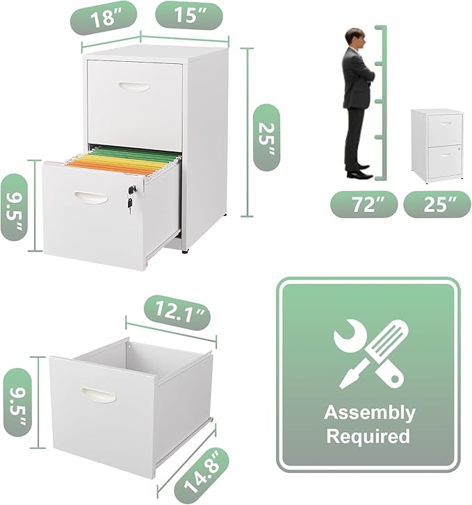 2 Drawer File Cabinet with Lock, White Filing Cabinets for Home Office, Metal Locking File Cabinet with Two Drawers, Light Duty File Storage Cabinet for Letter Size - Assembly Required