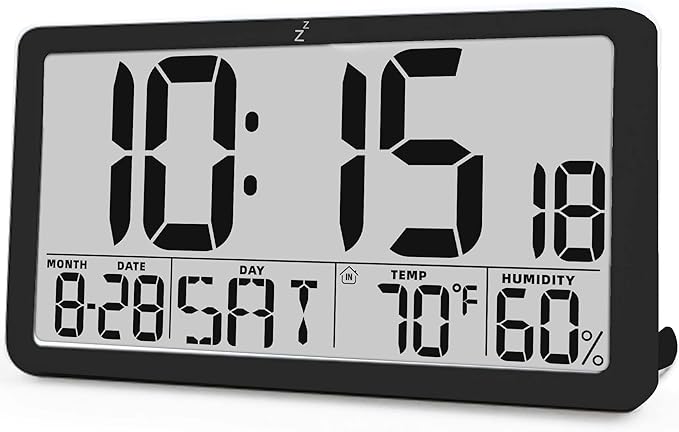 TXL Large Display Digital Wall Clock, Battery Operated with Temperature & Humidity, Auto DST, Date & Weekday, Easy Set Alarm, for Living Room, Bedroom, Office & Classroom (Black)