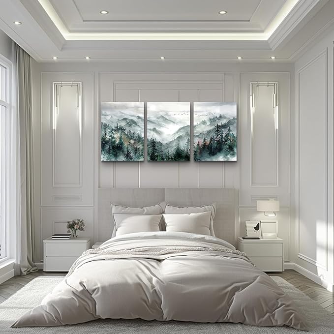 TTHYUEWS Wall Decor For Living Room 3 Piece Canvas Art Prints Wall Art For Bedroom Office Decor Mountain Forest Landscape Wall Pictures Watercolour Paintings Artwork Ready To Hang Home Decoration