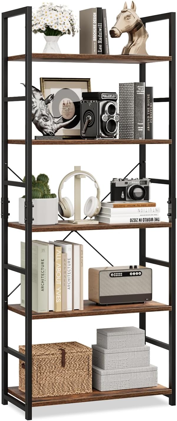 OTK 5 Tier Bookshelf, Tall Bookcase, Office Shelf Storage Organizer, Modern Book Shelf for Living Room, Bedroom, and Home Office, Vintage