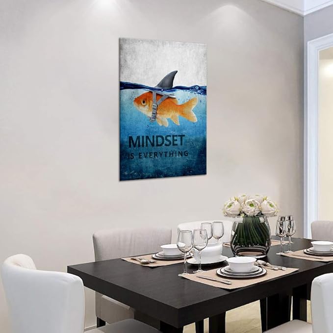 Inspirational Wall Art Posters Mindset is Everything Canvas Painting Goldfish Shark Pictures Print Poster Artwork Wooden Home Decor for Living Room Bedroom Office Framed Ready to Hang (24"Wx36"H)