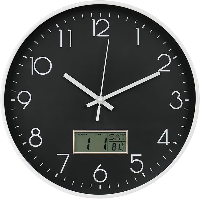 Wall Clock with LCD Display Non-Ticking Silent Quartz Movement Decor Clock with Perpetual Calendar and Temperature Modern Style Round Wall Clocks for Office/Living Room/Bedroom(Black, 12inch)